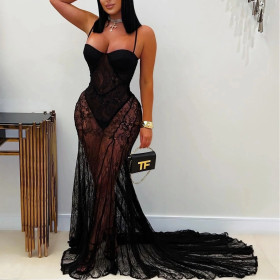 Sexy Suspender Lace Perspective Dress