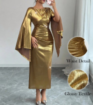 Gold-toned Round Neck Slim Long Dress