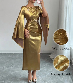 Gold-toned Round Neck Slim Long Dress