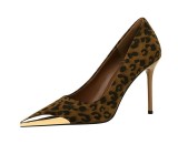 Leopard Print High Heels, Stiletto Heels, Suede Shallow Mouth, Metal Pointed Toe Shoes, Super High Heels