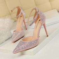 High Heels Stilettos High Heels Shallow Mouth Pointed Toe Hollow One-piece Sandals with Shiny Rhinestones for Women