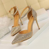 High Heels Stilettos High Heels Shallow Mouth Pointed Toe Hollow One-piece Sandals with Shiny Rhinestones for Women