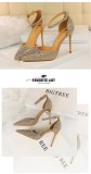 High Heels Stilettos High Heels Shallow Mouth Pointed Toe Hollow One-piece Sandals with Shiny Rhinestones for Women