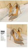 High Heels Stilettos High Heels Shallow Mouth Pointed Toe Hollow One-piece Sandals with Shiny Rhinestones for Women