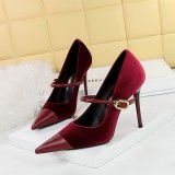 Banquet High Heels Stiletto Heels Shallow Suede Splicing Pointed Toe Metal Buckle Strappy Shoes