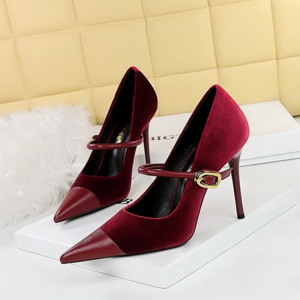 Banquet High Heels Stiletto Heels Shallow Suede Splicing Pointed Toe Metal Buckle Strappy Shoes
