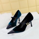 Banquet High Heels Stiletto Heels Shallow Suede Splicing Pointed Toe Metal Buckle Strappy Shoes