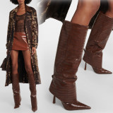Oversize Crocodile Pattern Straight-leg Women's Boots with Pointed Toes and Stiletto Heels with Stone Pattern High Boots