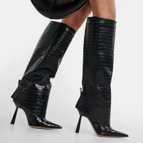 Oversize Crocodile Pattern Straight-leg Women's Boots with Pointed Toes and Stiletto Heels with Stone Pattern High Boots