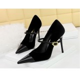 Banquet High Heels Stiletto Heels Shallow Suede Splicing Pointed Toe Metal Buckle Strappy Shoes