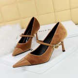 Banquet High Heels Stiletto Heels Shallow Suede Splicing Pointed Toe Metal Buckle Strappy Shoes