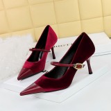 Banquet High Heels Stiletto Heels Shallow Suede Splicing Pointed Toe Metal Buckle Strappy Shoes
