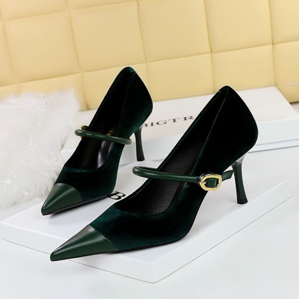 Banquet High Heels Stiletto Heels Shallow Suede Splicing Pointed Toe Metal Buckle Strappy Shoes