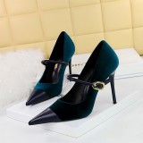 Banquet High Heels Stiletto Heels Shallow Suede Splicing Pointed Toe Metal Buckle Strappy Shoes