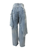 Distressed denim patchwork cut-off embellished loose straight trousers