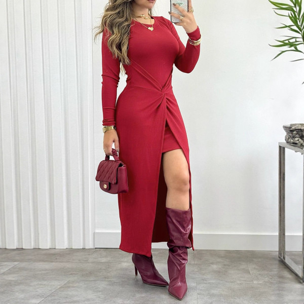 Burgundy Long-sleeved Waist-buttoned High Slit Bodycon Dress