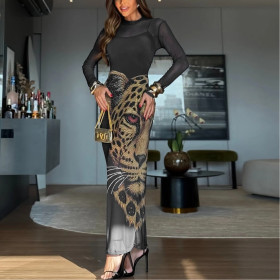 Hot Rhinestone Mesh Print Dress Suit