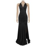 Elegant Solid Color Sexy V-neck Slit Dress