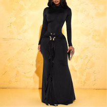 High-neck Long-sleeved Dress with Metal Ribbon at the Waist and Pleated Elegant Long Dress