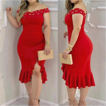 Large Size Beaded One-shoulder Waist Slit Fishtail Skirt Ruffle Dress
