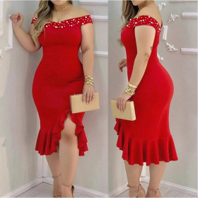 Large Size Beaded One-shoulder Waist Slit Fishtail Skirt Ruffle Dress