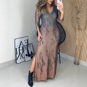 Gradient Leaf Print V-neck Side Open Dress