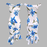 One Shoulder Printed Slim Fit Slit Ruffle Printed Skirt