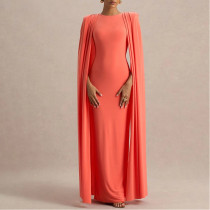 Party Evening Dress Solid Color Round Neck Pleated Shawl Slim Fit Long Skirt