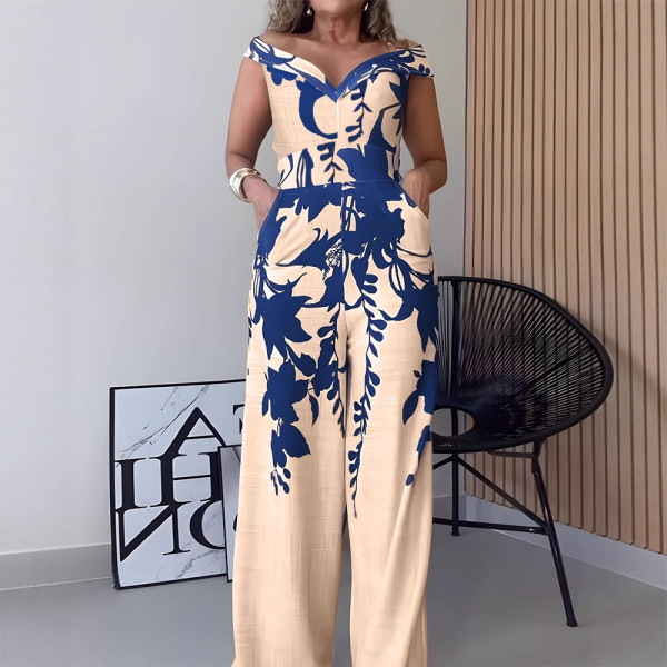 Fashionable One Shoulder Deep V-neck Printed Jumpsuit