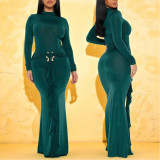 High-neck Long-sleeved Dress with Metal Ribbon at the Waist and Pleated Elegant Long Dress