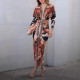 Retro Patterned Long-sleeved Slim Fit Deep V Tight Hip-hugging Midi Skirt