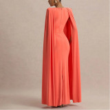 Party Evening Dress Solid Color Round Neck Pleated Shawl Slim Fit Long Skirt