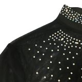 Sexy Nightclub Hot Rhinestone Mesh See-through Long-sleeved Dress