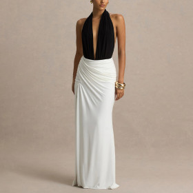 Deep V Halter Neck Backless Spliced ​​high Slit Elegant Evening Dress