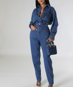 Slim Fit Elastic Small Toe Washed Denim Jumpsuit with Pockets