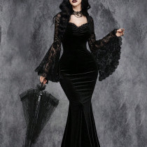 Halloween Gothic Style Lace Patchwork Waisted Bell Sleeve Dress