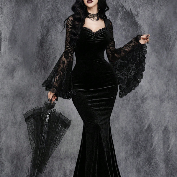 Halloween Gothic Style Lace Patchwork Waisted Bell Sleeve Dress