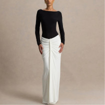 Black and White Color Matching U-neck Backless Dress, Elegant and Sexy Long Dress