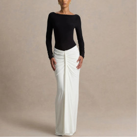 Black and White Color Matching U-neck Backless Dress, Elegant and Sexy Long Dress