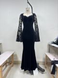 Halloween Gothic Style Lace Patchwork Waisted Bell Sleeve Dress