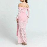 Strapless Long-sleeved Dress with Lace Splicing Straps and Hip-hugging Long Skirt