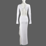 Chest-wrapped Long-sleeved V-neck Lace-up Maxi Dress