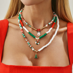 Christmas Elk Bell Pendant Necklace Colorful Polymer Clay Beads Collarbone Chain