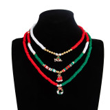 Christmas Elk Bell Pendant Necklace Colorful Polymer Clay Beads Collarbone Chain