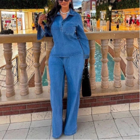 Denim Suit Long Sleeve Lapel Pocket Top Lace Up Straight Trousers Two Piece Set