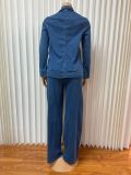 Denim Suit Long Sleeve Lapel Pocket Top Lace Up Straight Trousers Two Piece Set