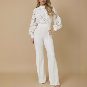 Lace patchwork long-sleeved casual wide-leg jumpsuit