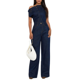 Strapless One Shoulder Slim Denim Jumpsuit Jumpsuit