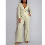 Stretch Jacquard Pleated V-neck Waist Button Waist Slimming Wide-leg Pants Suit