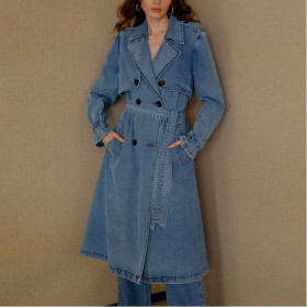 Stylish Long Belted Denim Trench Coat
